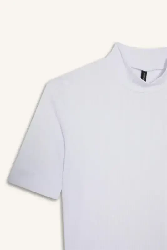 Regular Fit Half Fisherman Collar Ribbed Knit Short Sleeve T-Shirt Ecru - 8