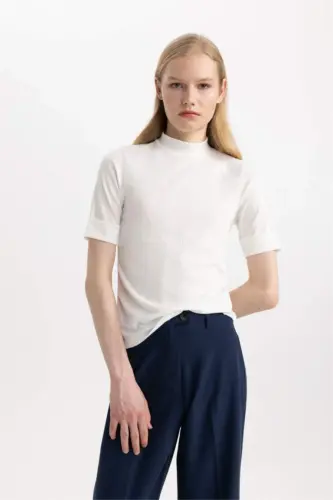 Regular Fit Half Fisherman Collar Ribbed Knit Short Sleeve T-Shirt Ecru - 1