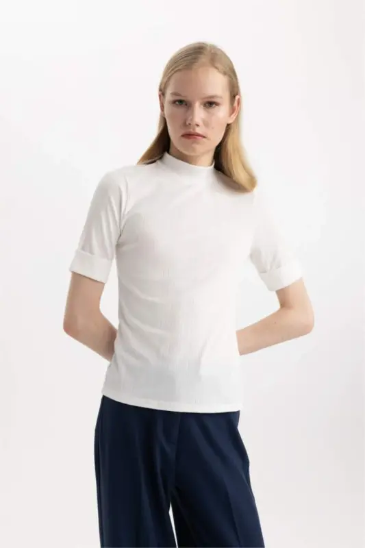 Regular Fit Half Fisherman Collar Ribbed Knit Short Sleeve T-Shirt Ecru - 4