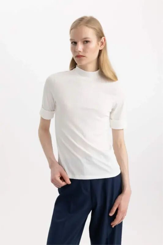 Regular Fit Half Fisherman Collar Ribbed Knit Short Sleeve T-Shirt Ecru - 3