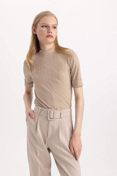 Regular Fit Half Fisherman Neck Ribbed T-Shirt Short Sleeve Stone - DEFACTO