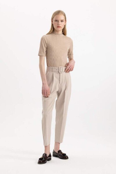 Regular Fit Half Fisherman Neck Ribbed T-Shirt Short Sleeve Stone - DEFACTO (1)