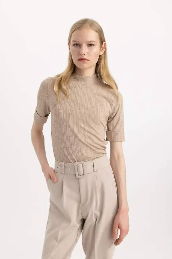 Regular Fit Half Fisherman Neck Ribbed T-Shirt Short Sleeve Stone - 4