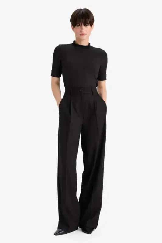 Regular Fit Half Turtleneck Basic Plain Ribbed Rib Knit Short Sleeve Black T-Shirt-Black - 2