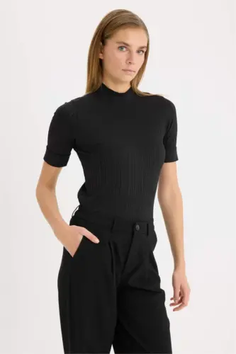Regular Fit Half Turtleneck Basic Plain Ribbed Rib Knit Short Sleeve Black T-Shirt-Black - 4