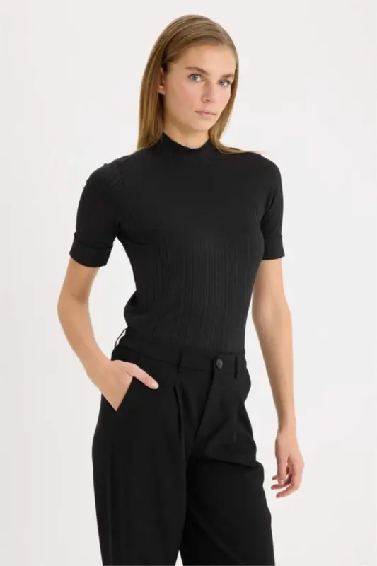 Regular Fit Half Turtleneck Basic Plain Ribbed Rib Knit Short Sleeve Black T-Shirt-Black - 4