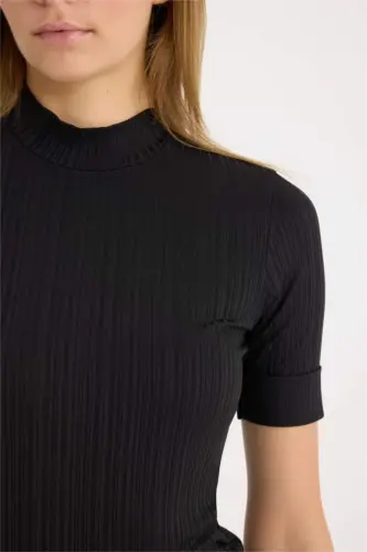 Regular Fit Half Turtleneck Basic Plain Ribbed Rib Knit Short Sleeve Black T-Shirt-Black - 5