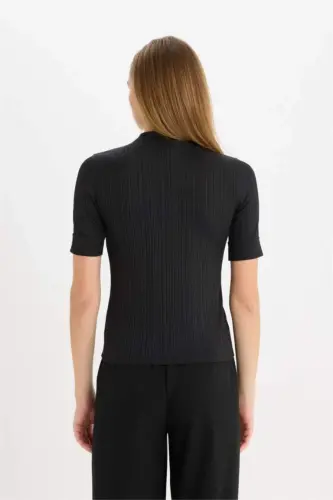 Regular Fit Half Turtleneck Basic Plain Ribbed Rib Knit Short Sleeve Black T-Shirt-Black - 6