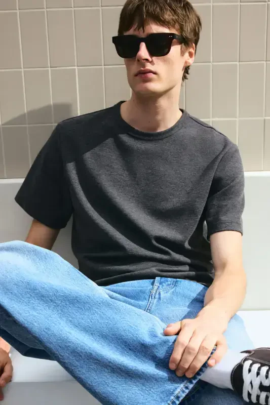 Regular Fit Honeycomb Textured T-Shirt-Dark gray - 1