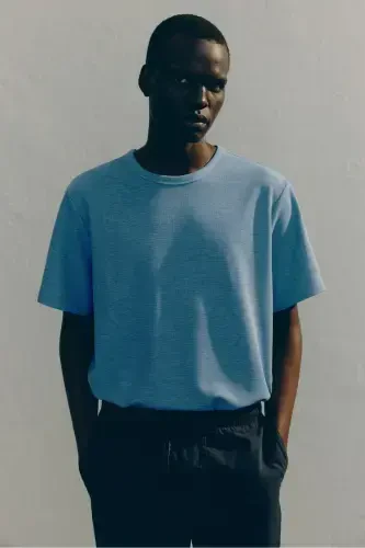 Regular Fit Honeycomb Textured T-Shirt-Light blue - 3