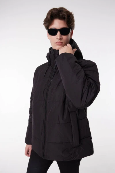Regular Fit Hooded Black Puffer Jacket - 5