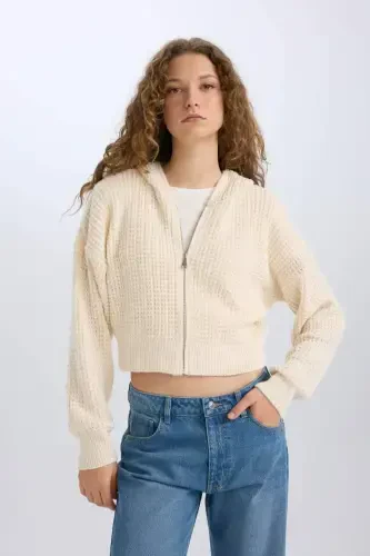 Regular Fit Hooded Zip-Up Knit Cardigan-Ecru - 1