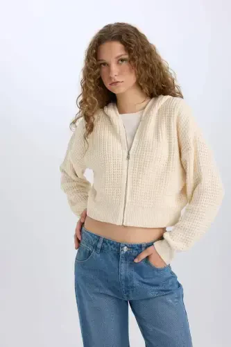 Regular Fit Hooded Zip-Up Knit Cardigan-Ecru - 3