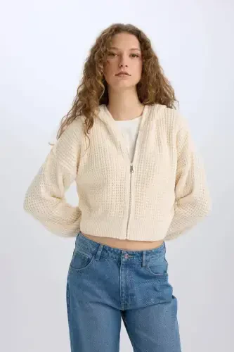 Regular Fit Hooded Zip-Up Knit Cardigan-Ecru - 4