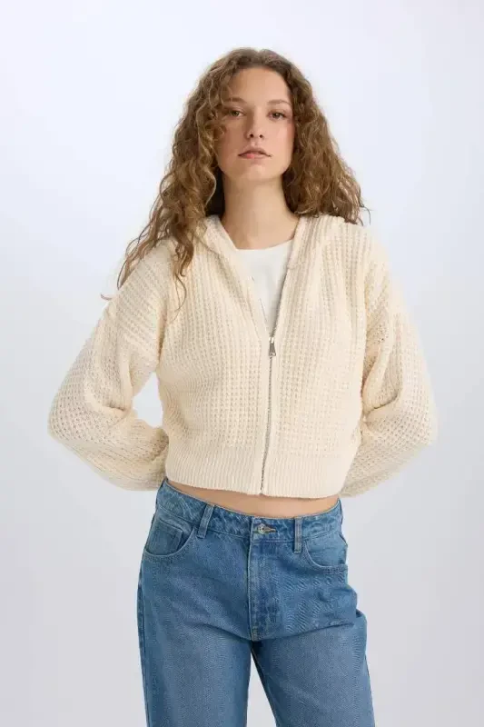 Regular Fit Hooded Zip-Up Knit Cardigan-Ecru - 4