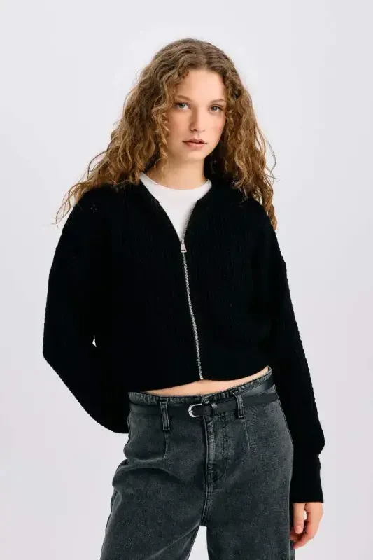 Regular Fit Hooded Zip-Up Knitted Cardigan-Black - 1