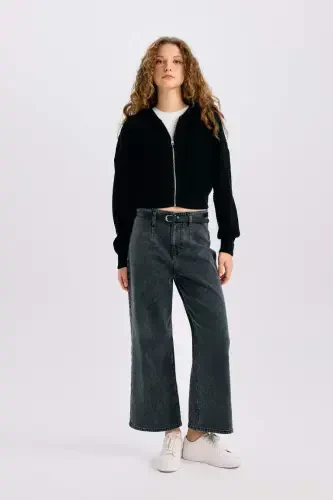 Regular Fit Hooded Zip-Up Knitted Cardigan-Black - DEFACTO (1)