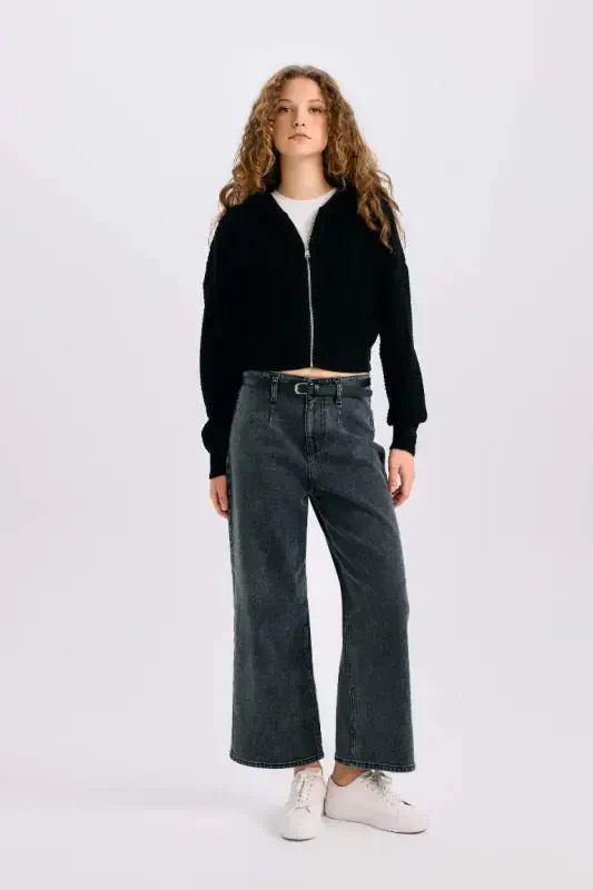 Regular Fit Hooded Zip-Up Knitted Cardigan-Black - 2