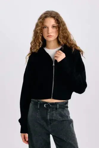 Regular Fit Hooded Zip-Up Knitted Cardigan-Black - 3