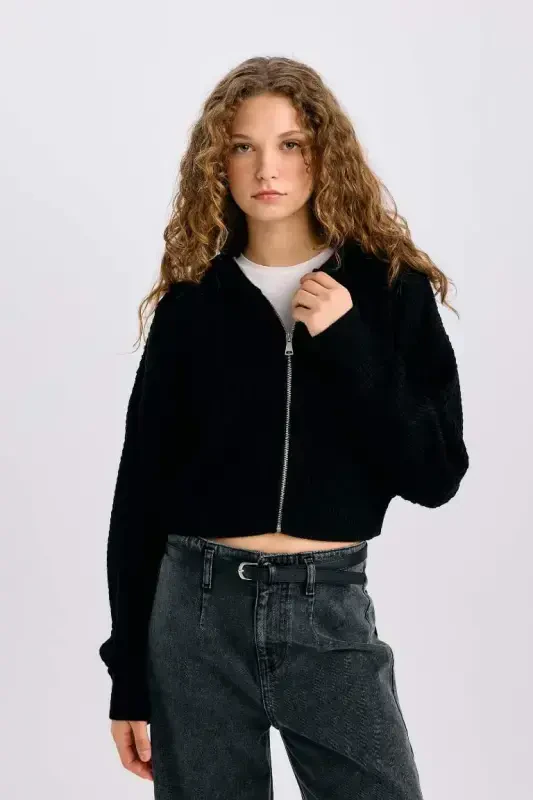 Regular Fit Hooded Zip-Up Knitted Cardigan-Black - 3