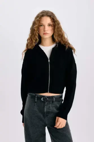 Regular Fit Hooded Zip-Up Knitted Cardigan-Black - 4