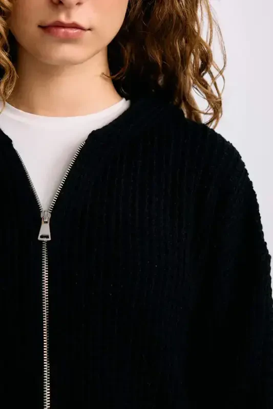 Regular Fit Hooded Zip-Up Knitted Cardigan-Black - 5