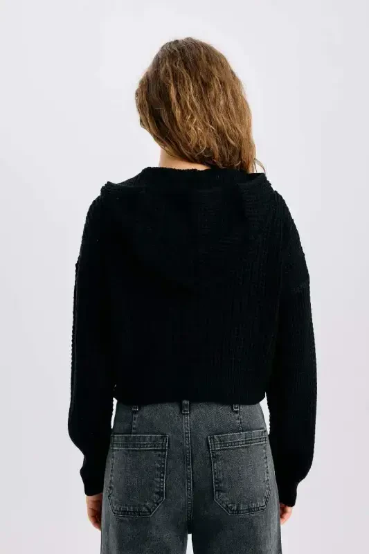 Regular Fit Hooded Zip-Up Knitted Cardigan-Black - 6