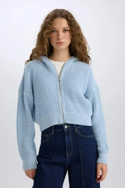 Regular Fit Hooded Zip-Up Knitted Cardigan-Light Blue - 1