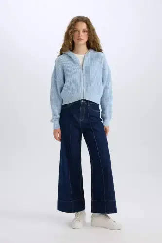 Regular Fit Hooded Zip-Up Knitted Cardigan-Light Blue - DEFACTO (1)