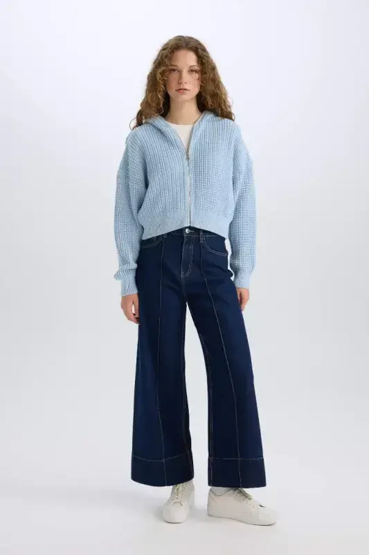 Regular Fit Hooded Zip-Up Knitted Cardigan-Light Blue - 2