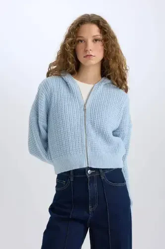 Regular Fit Hooded Zip-Up Knitted Cardigan-Light Blue - 3