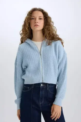 Regular Fit Hooded Zip-Up Knitted Cardigan-Light Blue - 4