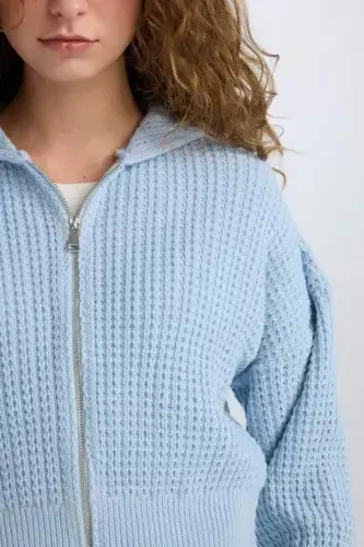 Regular Fit Hooded Zip-Up Knitted Cardigan-Light Blue - 5
