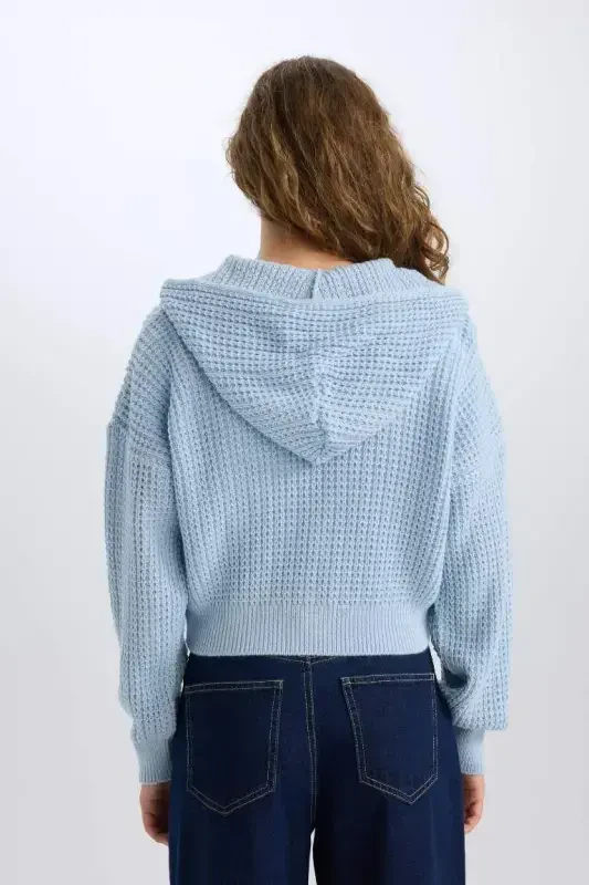Regular Fit Hooded Zip-Up Knitted Cardigan-Light Blue - 6