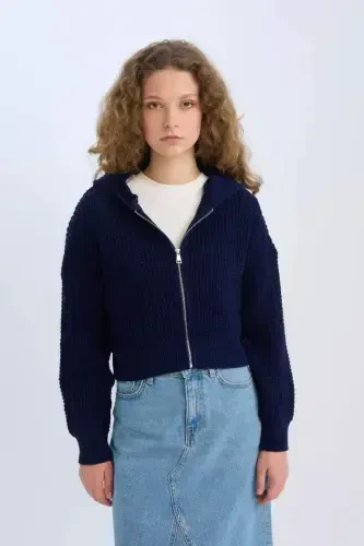 Regular Fit Hooded Zippered Knit Cardigan-Navy Blue - 3
