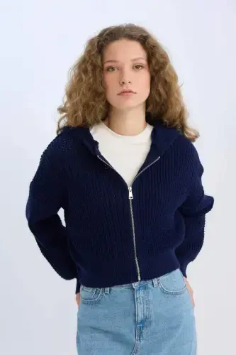 Regular Fit Hooded Zippered Knit Cardigan-Navy Blue - 4