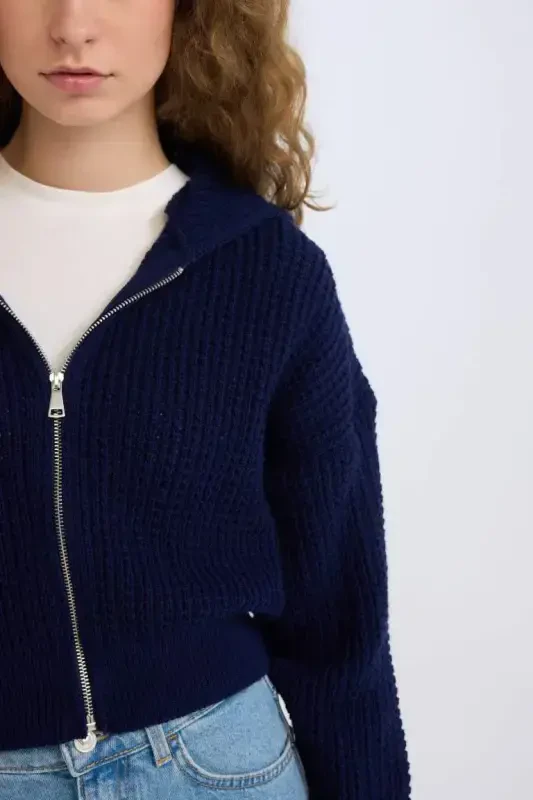 Regular Fit Hooded Zippered Knit Cardigan-Navy Blue - 5
