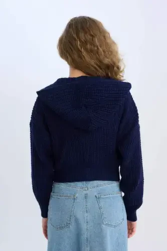 Regular Fit Hooded Zippered Knit Cardigan-Navy Blue - 6