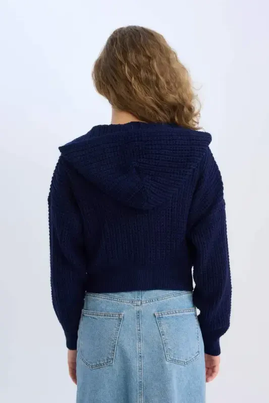 Regular Fit Hooded Zippered Knit Cardigan-Navy Blue - 6