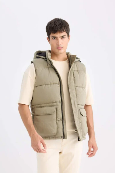 Regular Fit Hooded Zippered Pocket Puffer Vest Light Khaki - DEFACTO