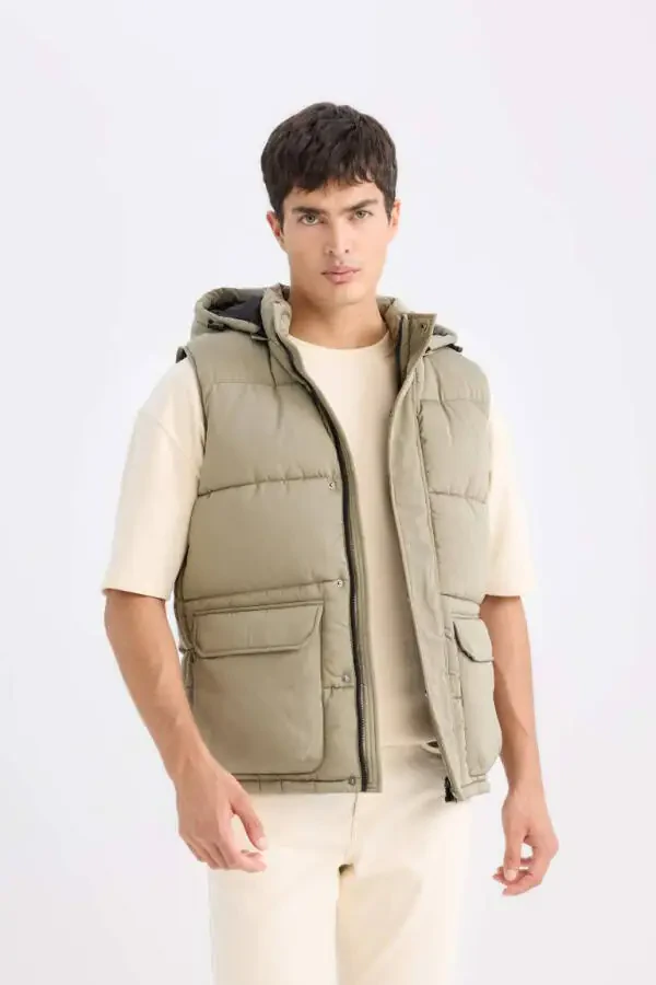Regular Fit Hooded Zippered Pocket Puffer Vest Light Khaki - 1