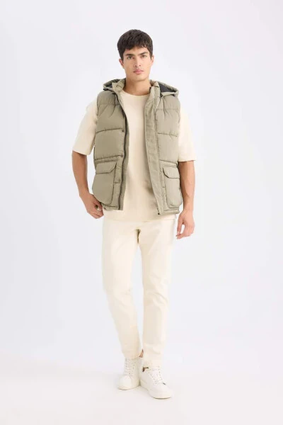 Regular Fit Hooded Zippered Pocket Puffer Vest Light Khaki - DEFACTO (1)