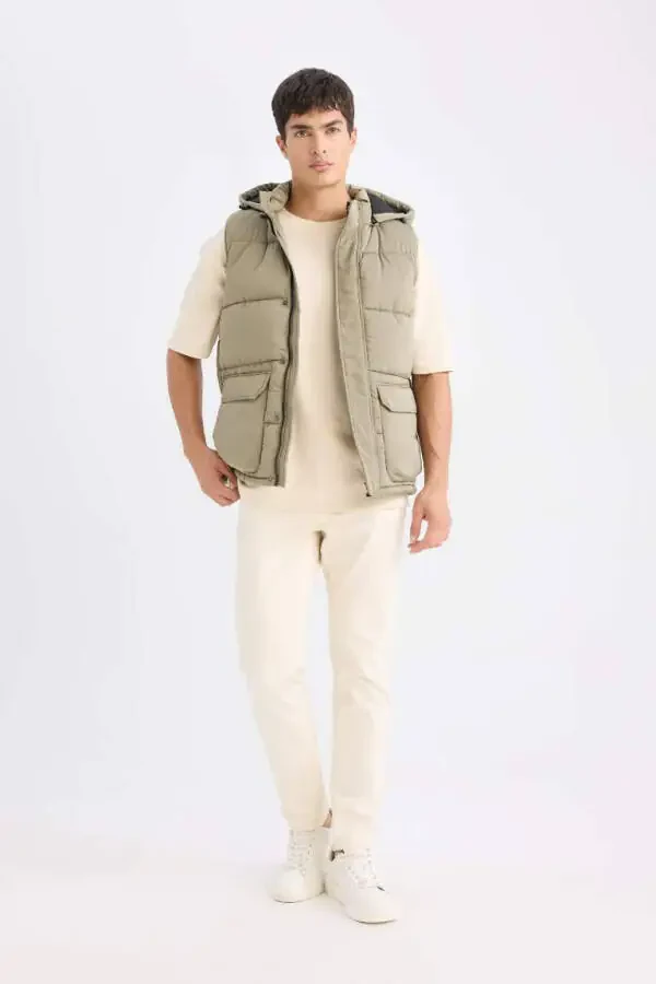 Regular Fit Hooded Zippered Pocket Puffer Vest Light Khaki - 2