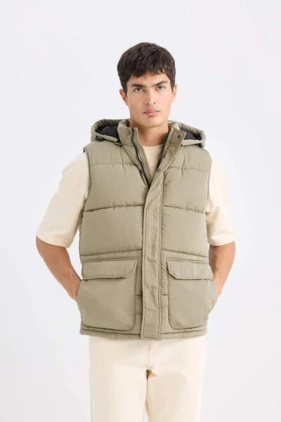 Regular Fit Hooded Zippered Pocket Puffer Vest Light Khaki - 3