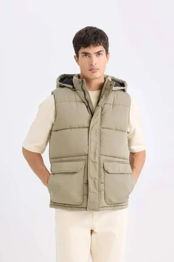 Regular Fit Hooded Zippered Pocket Puffer Vest Light Khaki - 3