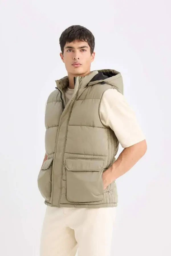 Regular Fit Hooded Zippered Pocket Puffer Vest Light Khaki - 4