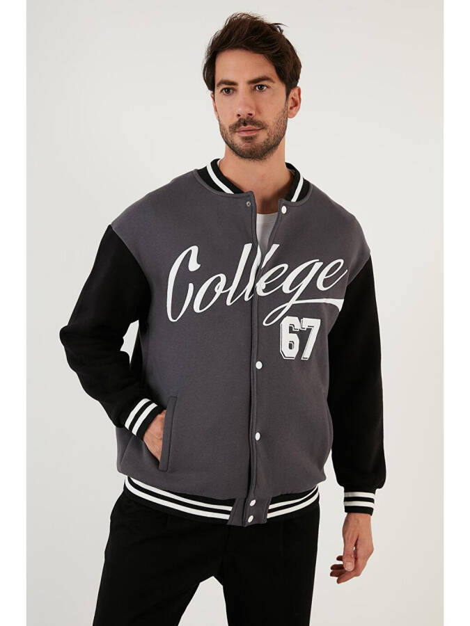 Antrasit Regular Fit İçi Yumuşak Tüylü Kolej Yaka Bomber Erkek Mont 628X8928-Antrasit - 11