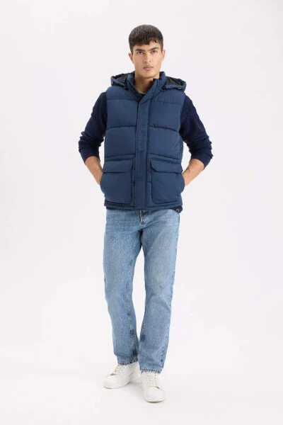 Regular Fit Kapşonli Fermuarli Cepli Şişirilgan Yelek To'q ko'k - 2