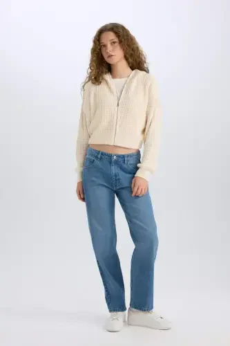 Regular Fit Kapüşonli Fermuarli Triko Hırka-Ekru - DEFACTO (1)