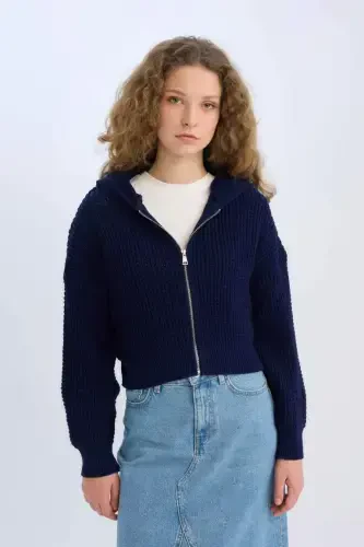 Regular Fit Kapüşonli Fermuarli Triko Hırka-Lacivert 